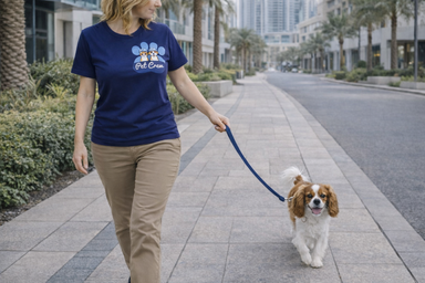 Dog walker walking a Cavalier King Charles Spaniel on a leash in a Dubai residential neighbourhood